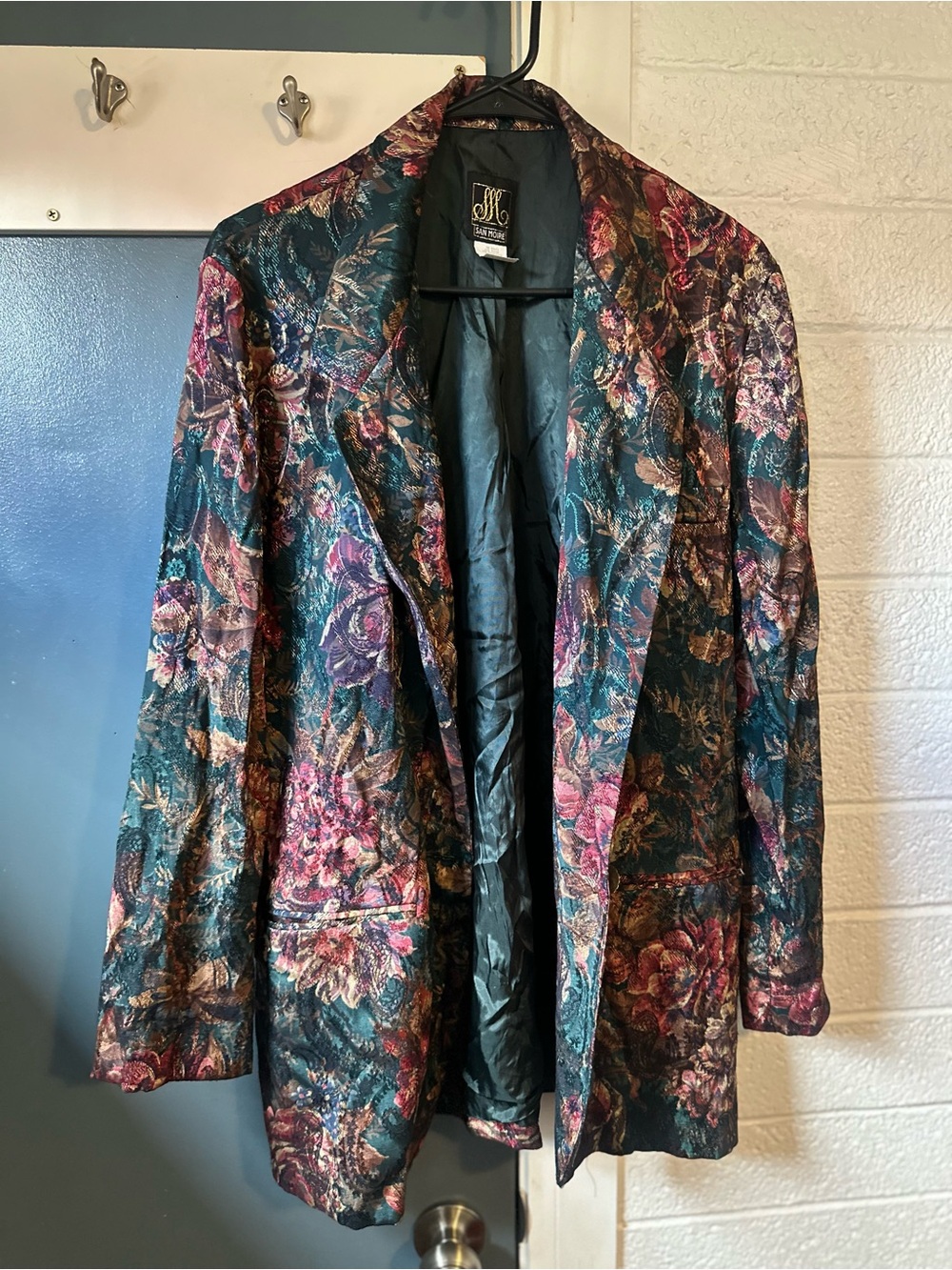 San Moire vintage Dark Teal Floral Brocade Blazer with Pink & Gold Accents